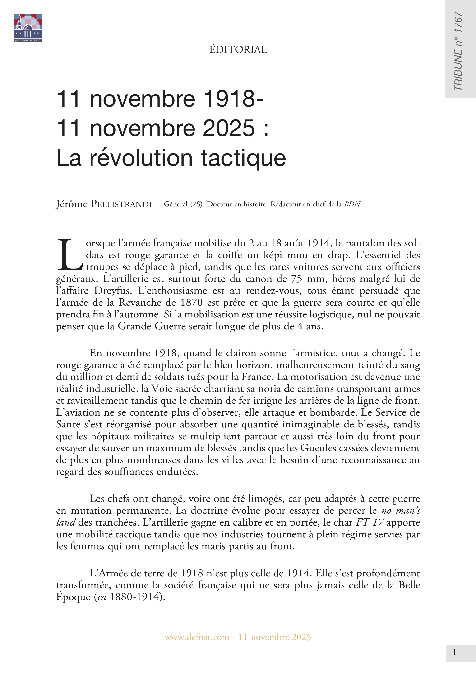 Éditorial – 11 novembre 1918-11 novembre 2025 : La révolution tactique (T 1767)
